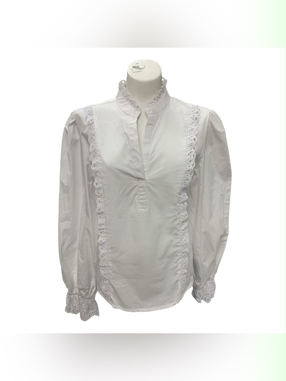 Stem & Vine White Lace-Trim Victorian Blouse - Size L